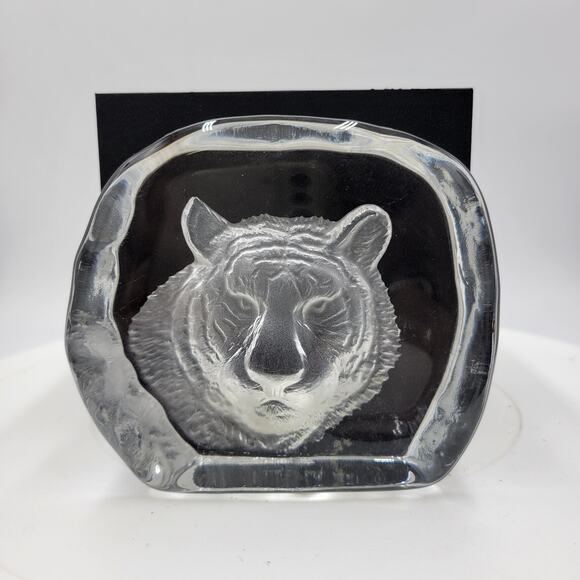 Cristal d' Arques France Etched Crystal Glass Tiger Face Sculpture Paperweight - Picture 1 of 7